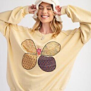 NWT Easel Boho Patchwork Butterfly Sweatshirt Top – Washed Yellow – Size Small